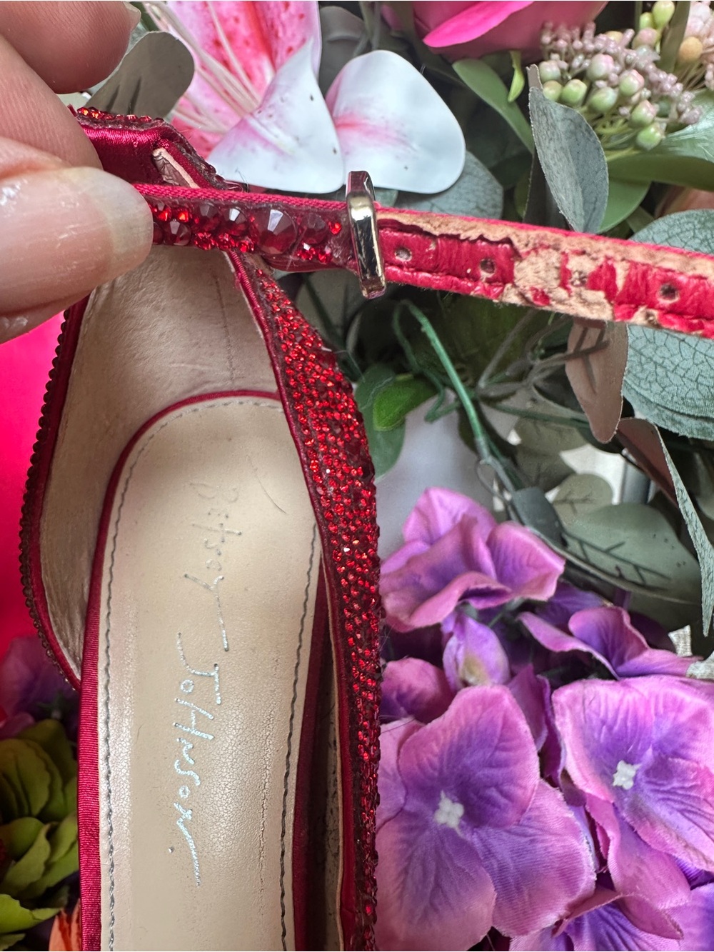 Betsey Johnson Red Crystal Pointed-Toe Ankle-Strap Pumps - Picture 4 of 4